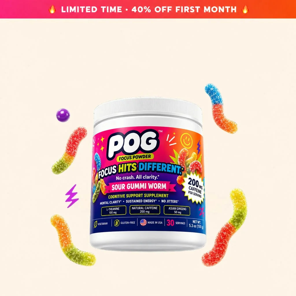 POG Sour Gummi Worm focus powder · limited-time offer, 40 percent off your first month