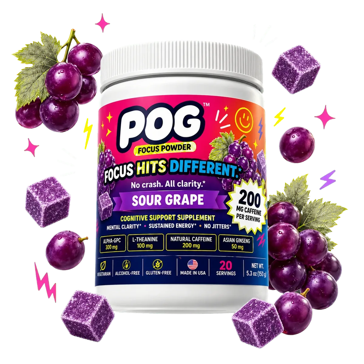 POG Sour Grape Focus Powder tub. Focus supplement with clean energy and zero crash.